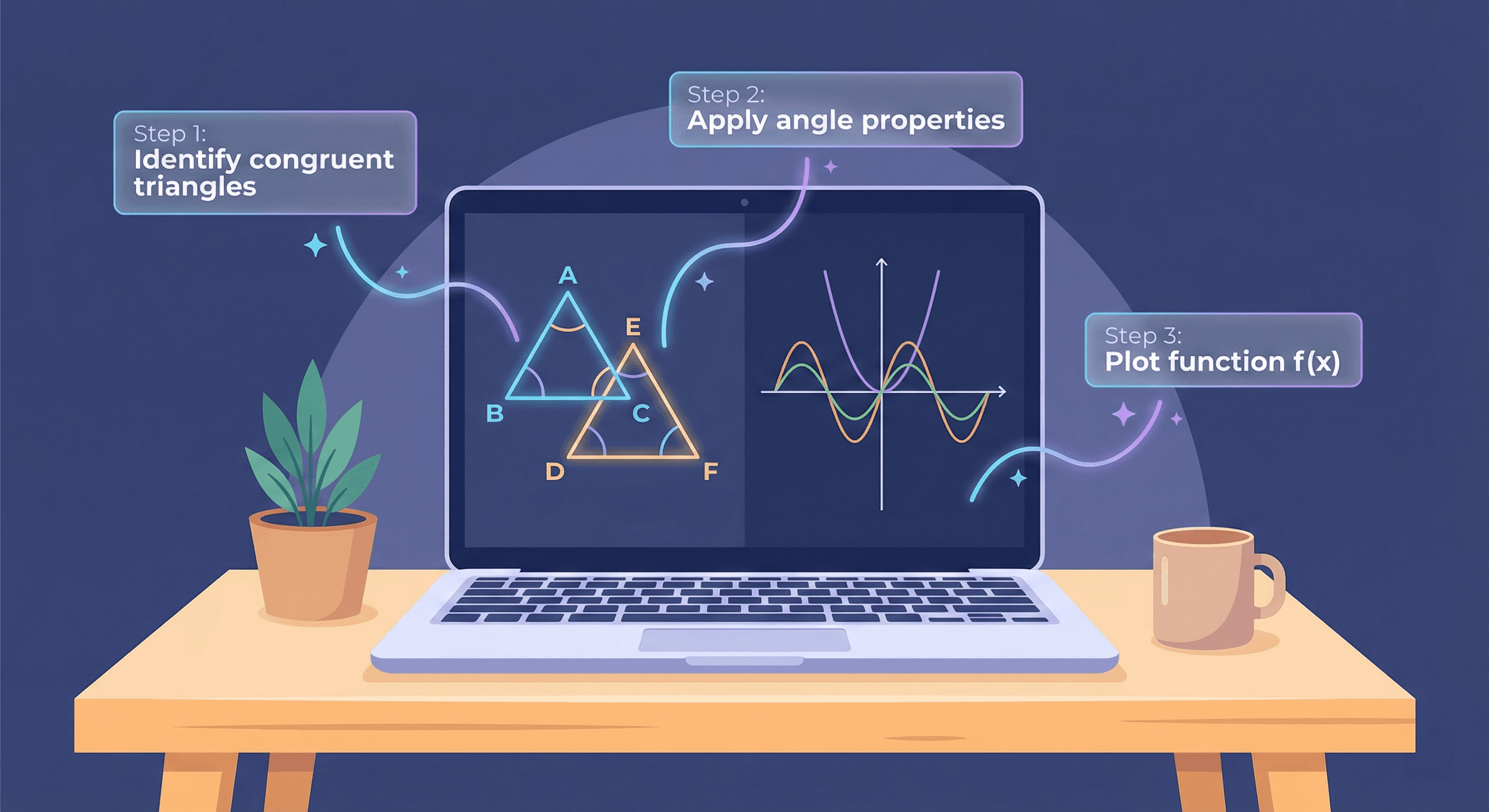 AI screen assistant analyzing geometry diagrams and function graphs on a laptop display with step-by-step explanations