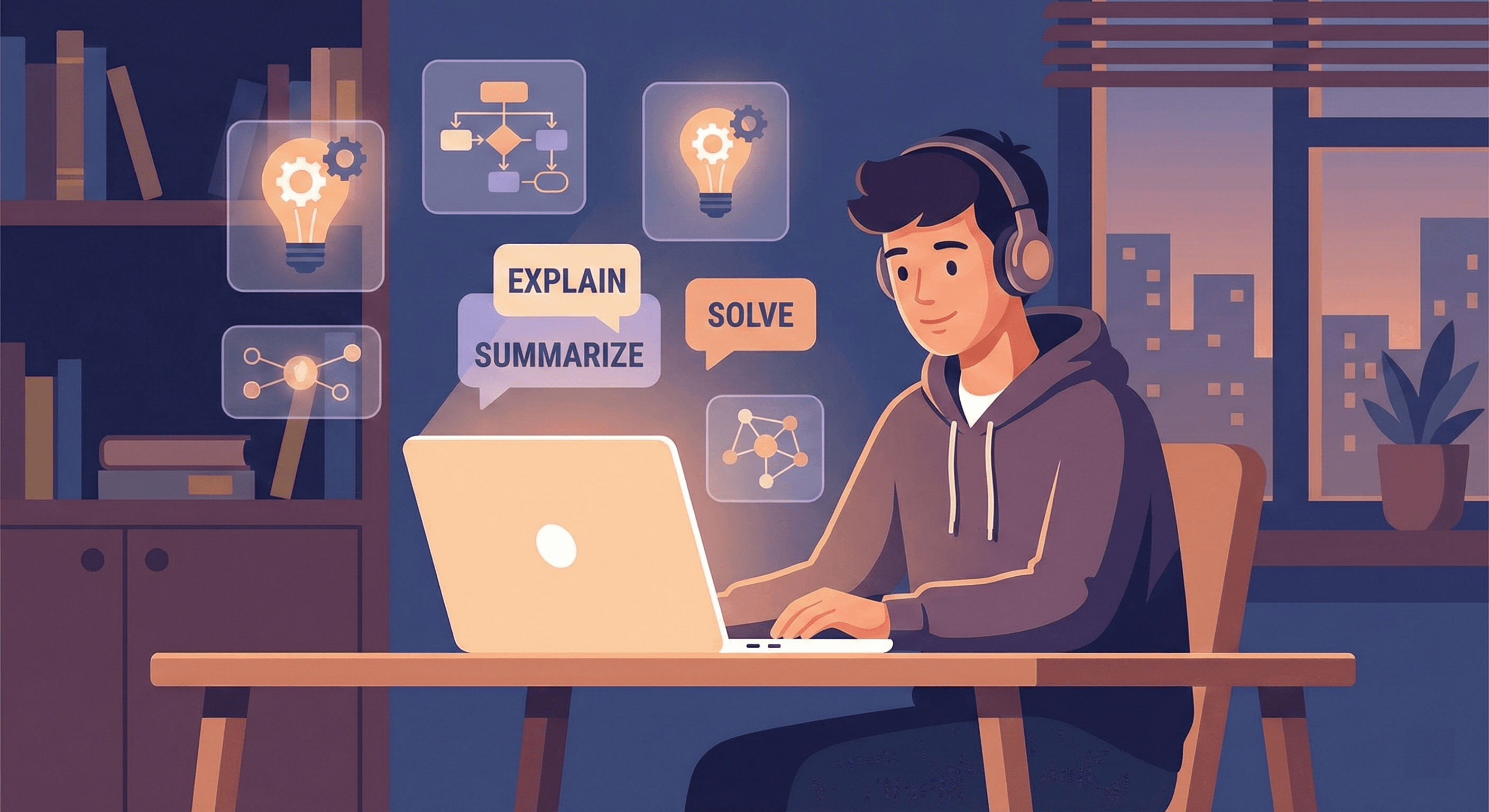 Illustration of a student using an AI screen assistant on their laptop to get instant study help and explanations