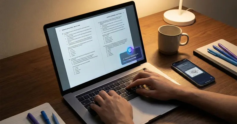 Student using keyboard shortcuts on a laptop to get instant AI-powered study explanations with ScreenHelp